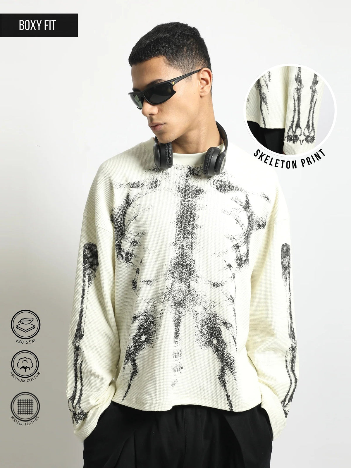 Cream Skeleton Full Sleeve Waffle T-Shirt