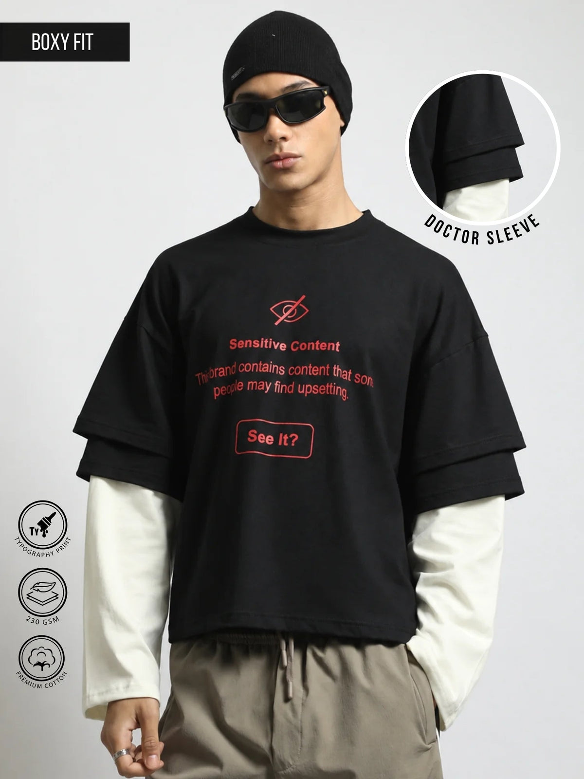 Sensitive Black, Cream Doctor Sleeve T-Shirt