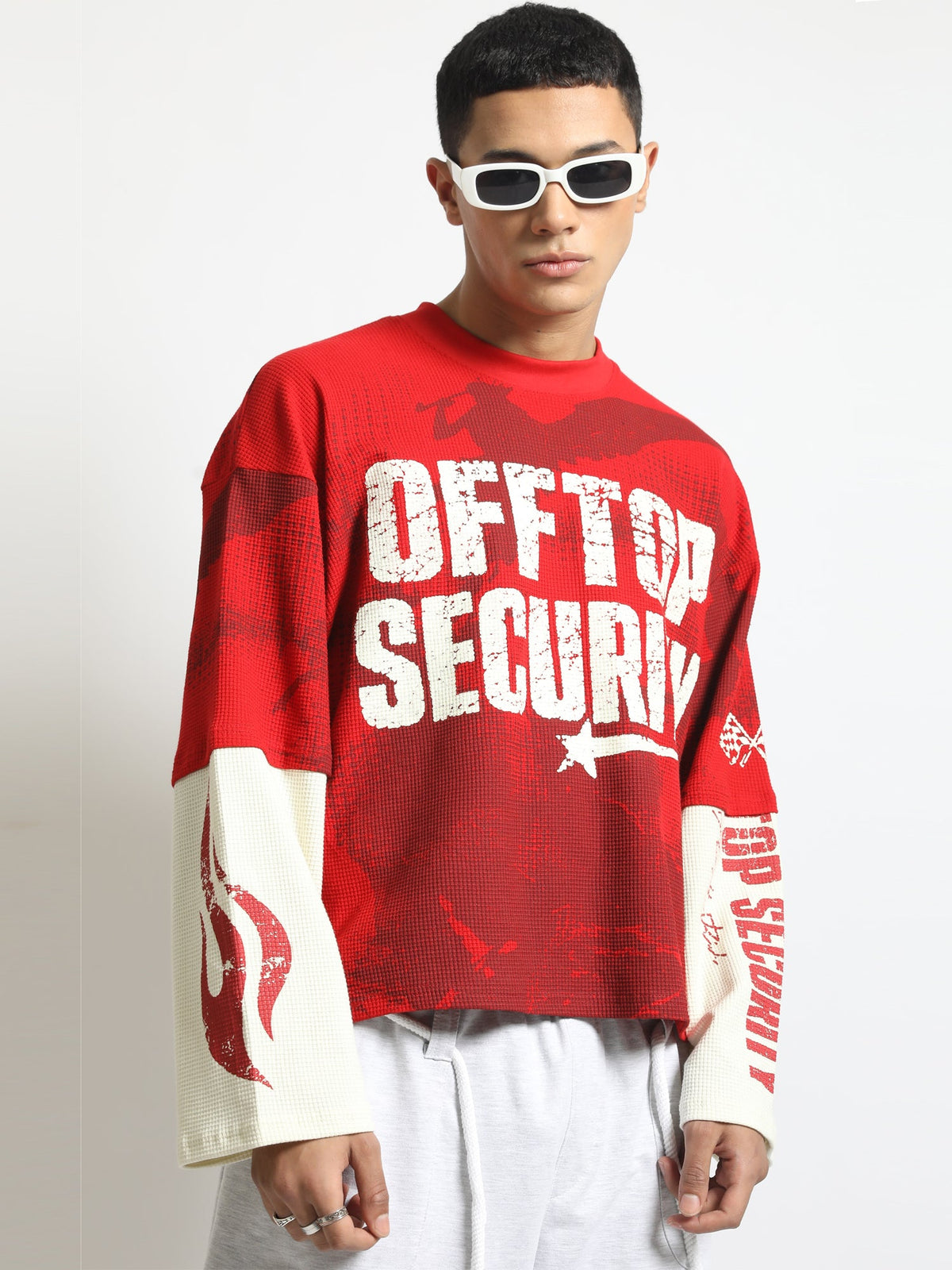 Offtop Security Red, Cream Doctor Sleeve Waffle T-Shirt