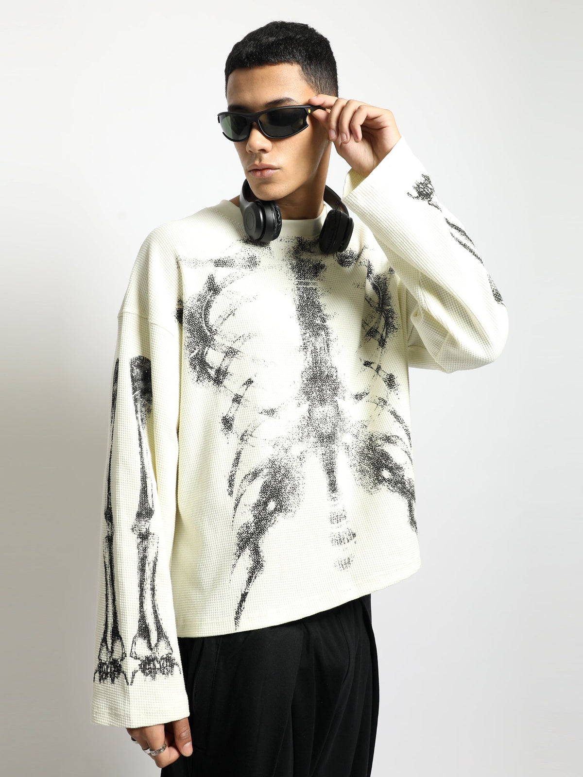 Cream Skeleton Full Sleeve Waffle T-Shirt