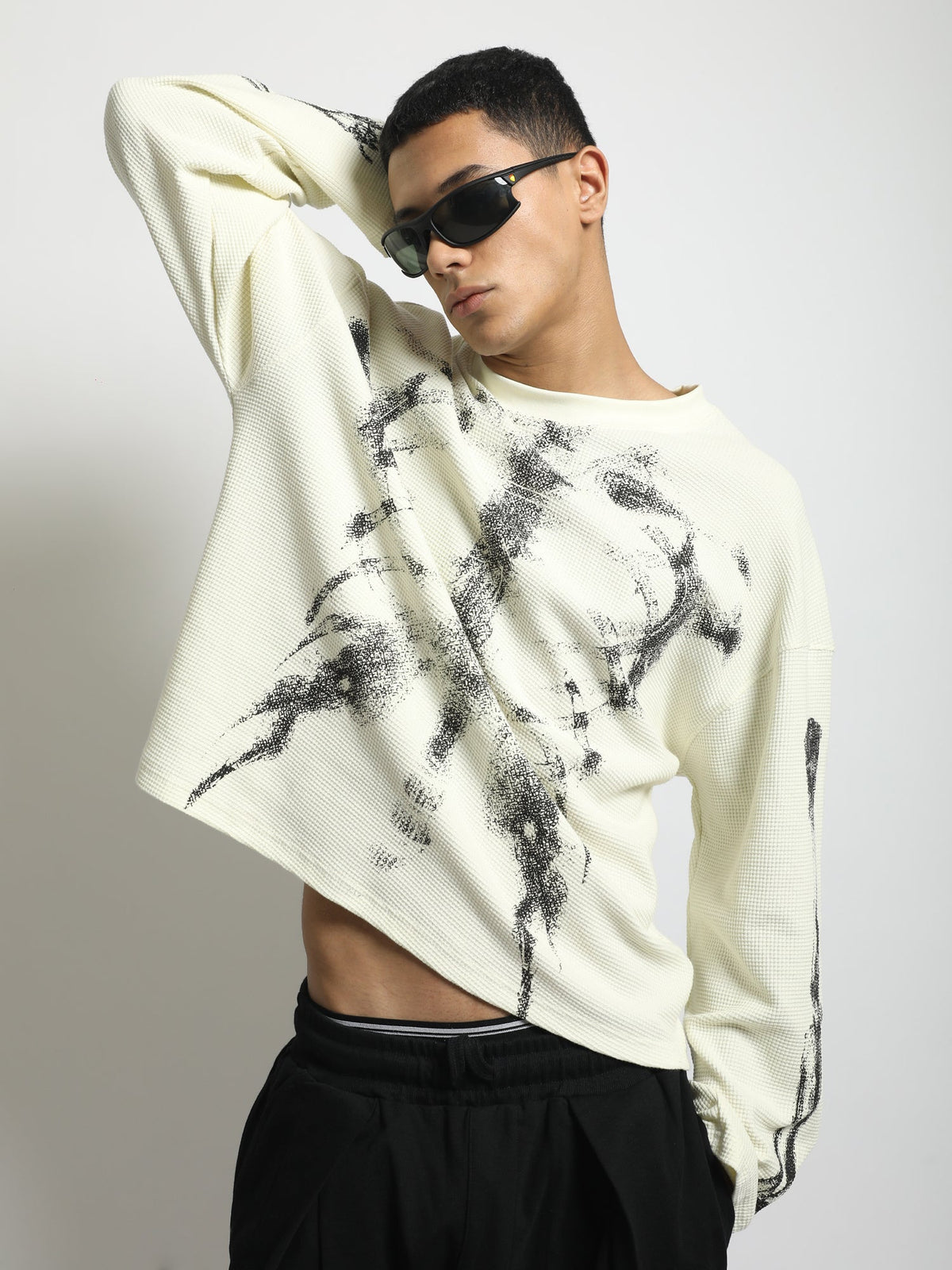 Cream Skeleton Full Sleeve Waffle T-Shirt