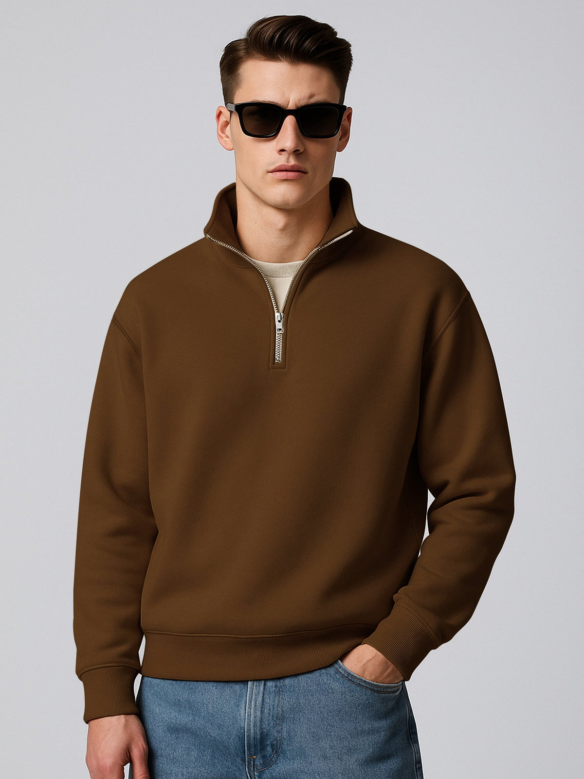 Cozy Cut Zipper Full Sleeve Brown Sweatshirt