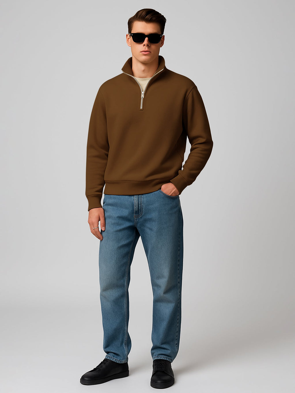 Cozy Cut Zipper Full Sleeve Brown Sweatshirt